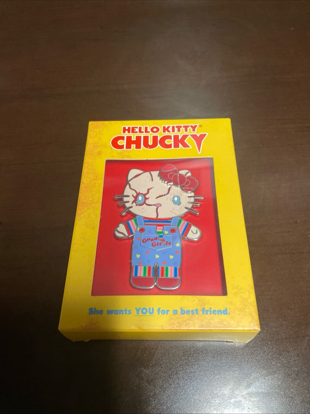 Hello Kitty Chucky Pin - Red, Yellow & Blue Boxed Design
